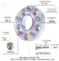 Проставка для дисков 30мм: 5*110 ЦО (dia): 67.1мм с бортиком крепёж в комплекте Гайки и Шпильки M12 * 1.25 применяемость: Changan