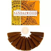 Ароматические конусы, натуральные индийские благовония Deepika Сандал, Sandalwood cones, комплект 10 конусов + 1 керамическая подставка