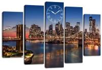 Модульная картина с часами / Часы на холсте Бруклинский мост ночью 140х80 см