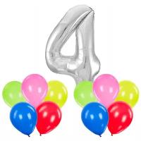 Воздушные гелиевые шары, надутые гелием 10 шаров цвета ассорти и 1 фольгированный шар серебряный (цифра 4)
