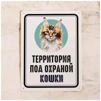 Металлическая табличка на забор Территория под охраной кошки Мейн Куна, идея подарка кошатнику, металл, 15х22,5 см