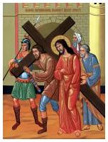Освященная икона на дереве ручной работы - Крестный путь – Симон Кириниянин помогает Иисусу нести крест, 15x20x3,0 см, арт Ид4774