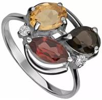 Серебряное кольцо с натуральными камнями цитрин, раухтопаз и гранат - коллекция Фортуна / покрытие Палладий