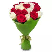Букет из 25 белых Аваланш и красных роз Ред Наоми длинной 60 см, арт.770067
