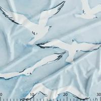 Ткань для шитья атлас с дизайнерским принтом Лебеди на голубом, купон 100х150 см, плотность 165 г. м2