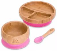 Bubba Bear Детская бамбуковая посуда, набор тарелок и ложек | Stay Put Миски и тарелки для кормления малышей (розовый)