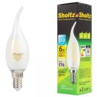 Лампа светодиодная энергосберегающая Sholtz 6Вт 220В свеча на ветру CA E14 4000К стекло матовая филамнентная (Шольц) FOC5100