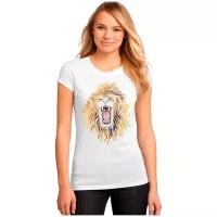Женская белая футболка лев, рисунок, клыки. Размер XL