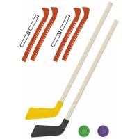 Детский хоккейный набор для игр на улице Клюшка хоккейная детская 2 шт жёлтая и чёрная 80 см. + 2 шайбы + Чехлы для коньков оранжевые - 2 шт