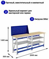 Стол производственный, верстак практик Master M100. MF1. MF1. MF1.011.002 комплект №М247 универсальный в гараж, в мастерскую,1400х2000х500