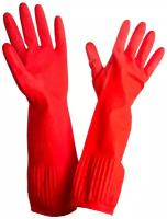 Перчатки хозяйственные латексные длинная манжета 25 см красные, размер M (средний), 80 г, рифленые, КП, 133332