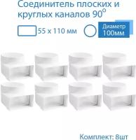 Колено угловое соединительное плоское круглое 55 х 110 мм / d 100 мм, 8 шт, 521-8, белый, воздуховод, ПВХ