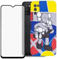 Комплект 2 в 1: Защитный чехол Kaws + защитное стекло для Samsung Galaxy A03s / Накладка / бампер с защитой камеры LUXO на Самсунг Галакси А03с