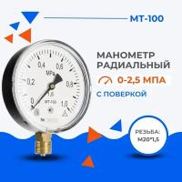 Манометр радиальный МТ-100 с поверкой 0-2,5 МПа, резьба метрическая