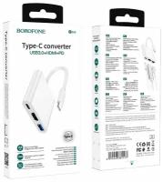 Адаптер Borofone DH4 Type-C Converter, USB 3.0+HDMI 4K+PD, кабель Type_c 0.11m, белый