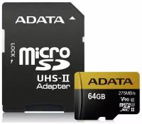 Карта памяти 64Gb MicroSD ADATA Premier UHS-II U3 + адаптер (AUSDX64GUII3CL10-CA1)