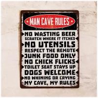 Жестяная табличка Man cave rules, металл, 20х30 см