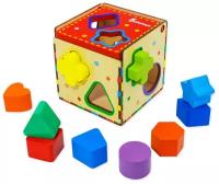 Сортер Куб, развивающая тактильная деревянная игрушка для девочек и мальчиков, по методике Марии Монтессори