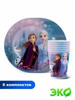 Набор бумажной одноразовой посуды для праздника Frozen 2 Холодное сердце 2. Эльза и Анна (тарелка мал, стакан, по 6 шт.) ND Play
