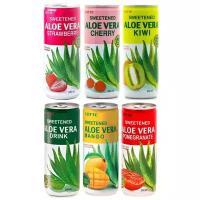 Набор напитков сокосодержащих Lotte Aloe Vera со вкусом Клубника, Вишня, Киви, Оригинальный, Манго, Гранат, 6 банок по 240 мл