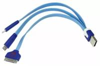 USB кабель (3 в 1) microUSB/iPhone 4/iPhone lightning 0.15 м (со светящимися смайлами), Синий