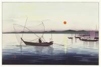 Постер / Плакат / Картина Лодки и заходящее солнце - Охара Косон 40х50 см в подарочном тубусе