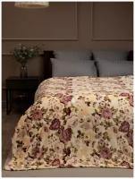 Плед TexRepublic Absolute, рисунок Гобеленовые цветы, 140х200 см, 1,5 спальный, покрывало на диван, велсофт, мягкий бежевый с розовым
