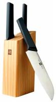 Набор стальных ножей (3 ножа + деревянная подставка из сосны) HuoHou 4-Piece Kitchen Knife Set Lite (HU0059), русская версия, черный