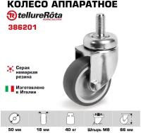 Колесо аппаратное Tellure Rota 386201 поворотное, диаметр 50мм, грузоподъемность 40кг, серая резина, полипропилен, штырь с резьбой M8