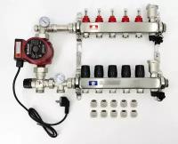 Комплект для водяного теплого пола с насосом до 80 кв/м Коллектор 5 контуров, евроконус 3/4'х16(2.0) VALFEX