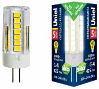 Лампа светодиодная Uniel G4 5W 3000K прозрачная LED-JC-220/5W/3000K/G4/CL GLZ09TR UL-00006744