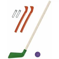 Детский хоккейный набор для игр на улице Клюшка хоккейная детская зелёная 80 см. + шайба + Чехлы для коньков оранжевые