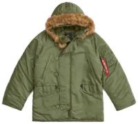 аляска ALPHA INDUSTRIES Regular Fit N-3B зимняя, силуэт прилегающий, съемный мех, отделка мехом, капюшон, карманы, манжеты, утепленная, водонепроницаемая, несъемный капюшон, внутренний карман, ветрозащитная, размер 3XL, зеленый