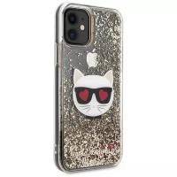 Чехол Lagerfeld для iPhone 11 Liquid glitter Choupette head Hard Gold