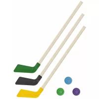 Детский хоккейный набор для игр на улице, свежем воздухе для зимы для лета Клюшка хоккейная детская 3 шт. 80 см зеленая, черная, желтая + 3 шайбы