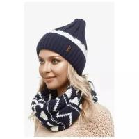 Женская зимняя шапка с отворотом, флисовый подклад, вязаная, весенняя, темно-синий с белым цвет