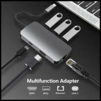 USB Type-C HUB ELfoC LM3123-35-6 Хаб 6 в 1, разветвитель, концентратор HDMI(4K30Hz) + USB3.0x3 + PD100W USB C + RJ45 Task Force (1000Mb)