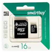 Карта памяти Smartbuy microSD, 16 Гб, SDHC, класс 4, с адаптером SD