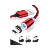 Магнитный USB-кабель для зарядки смартфона с 3-мя разъемами (microusb, type C, Lightning) . 3 в 1. Цвет: Красный