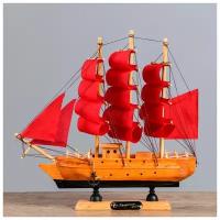 Корабль сувенирный малый «Дакия», борта светлое дерево, паруса алые, 5×23×22 см (1шт.)