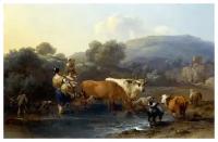 Репродукция на холсте Крестьяне с крупным рогатым скотом (Peasants with Cattle fording a Stream) Берхем Николас 78см. x 50см