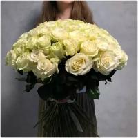 Букет из 80 белых роз сорта мондиаль 60см (эквадор) с атласной лентой. Свежие цветы простоят долго даже на октрытом воздухе