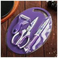 Набор кухонных инструментов КНР нож, ножницы с антиналипающим покрытием, овощечистка, фиолетовый