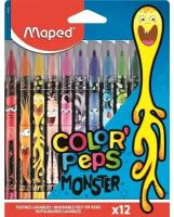 Фломастеры 12 цветов Maped COLOR'PEPS MONSTER, смываемые, с заблокированным пишущим узлом, в картонном футляре