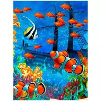 Постер А3 Синее море, яркие рыбки на фоне затонувшего корабля