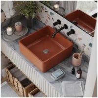 Раковина для ванной накладная из бетона Aura S Gloss, 40x40x14 см, терракотовая глянцевая