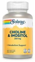 Витамины спортивные, Холин битартрат и Инозитол 250 мг, Solaray, 100 капсул, для мозга, печени, похудения