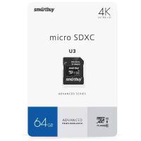 Карта памяти SmartBuy microSDXC U3 Class 10 + SD adapter 64 GB, чтение: 90 MB/s, запись: 55 MB/s, адаптер на SD