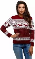 Шерстяной женский свитер, классический скандинавский орнамент с Оленями и снежинками, натуральная шерсть, бордово-белый цвет, размер S