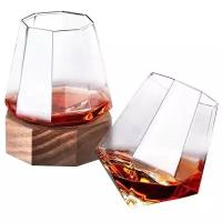 Стеклянный стакан для виски в форме бриллианта на деревянной подставке / бокал Алмаз / многогранный, M&A.corp